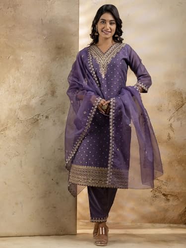 Image of VredeVogel Women's Chanderi Silk Embroidered Kurta with Pant & Organza Dupatta Set | Casual Outfit Ethnic Kurta Set for Women | Modern & Traditional Blend Ethnic Wear