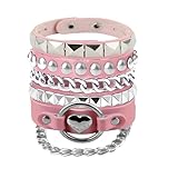 Tosmifairy 3Pcs Soft Leather Bracelets with Heart/Pyramid/Chain, Emo Punk Wrap Wrist Cuffs Jewelry Accessories Gothic Gift for Vintage Women (Pink+Sweet Style)