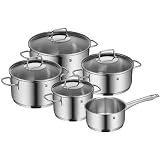 Las asas remachadas de la olla de acero inoxidable proporcionan un agarre seguro y no se calientan durante la cocción. La tapa de cristal sin apertura de vapor permite observar el proceso de cocción.