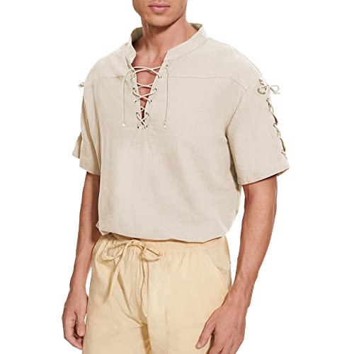 Durio Mens Pirate Shirt Costume Lace-Up Medieval Renaissance Costume Shirt Men Halloween Viking Costume Beige Medium #TOP5