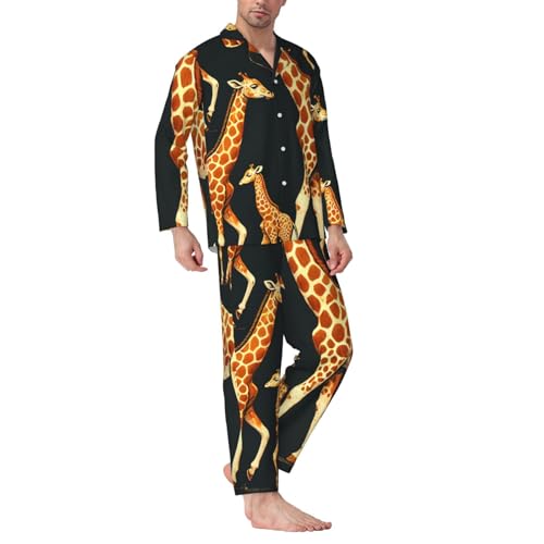Mens Long Sleeves Pajama Set Giraffes Patterns Love Cozy Two-Piece Loungewear For Nighttime Comfort,Casual Wear3