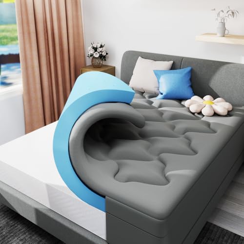 MUUEGM Dual Layer 4 Inch Memory Foam Mattress Topper Queen Size,2 Inch Gel Memory Foam Plus 2 Inch Cooling Pillow Top Cover with 8-21 Inch Deep Pocket,Mattress Pad for Back Pain,Grey