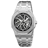 Mens Racing Watch Creative 3D Spinning Car Wheel Rotating Design Stainless Steel Large Dial Skeleton Waterproof Watch,Suitable for Men and Car Enthusiasts (Steel Silver)