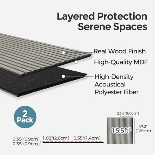 Image of AKUMAX Extra-Thick 0.7 inch Wood Slat Acoustic Wall Panels, 2 Pack 47.2 inch x 23.6 inch, 15.5 ft, NRC 0.80 Sound Absorbing 3D Slat Wall Paneling with Real Wood Veneer, E0 MDF and PET Felt, Gray Oak