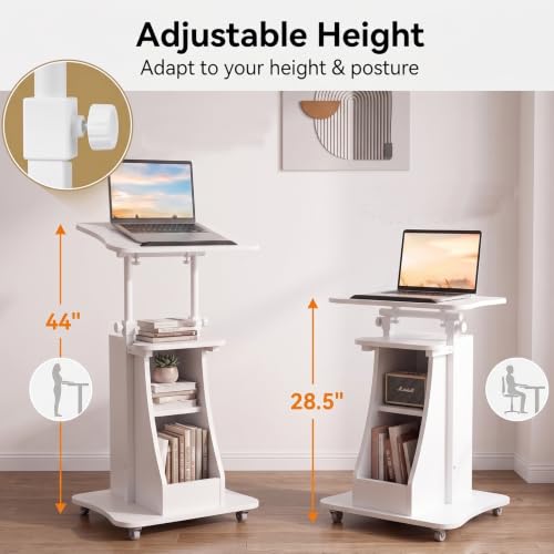 Image of POWERSTONE 2PCS Sit to Stand Mobile Lectern Teacher Podium Portable Height Adjustable Podium Stand Rolling Laptop Desk Cart with Storage Shelf Swivel Top for Classroom, Concert, Church White