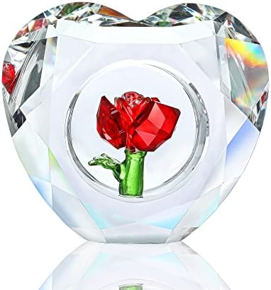 H&D HYALINE & DORA Crystal Red Rose Ornament, Glass Floral Flower Figurine Collectible with Rose Embedded in Heart Artwork, Blossom Paperweight for Home Wedding Decor