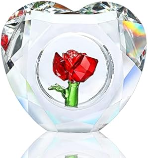 H&D HYALINE & DORA Crystal Red Rose Ornament, Glass Floral Flower Figurine Collectible with Rose Embedded in Heart Artwork, Blossom Paperweight for Home Wedding Decor