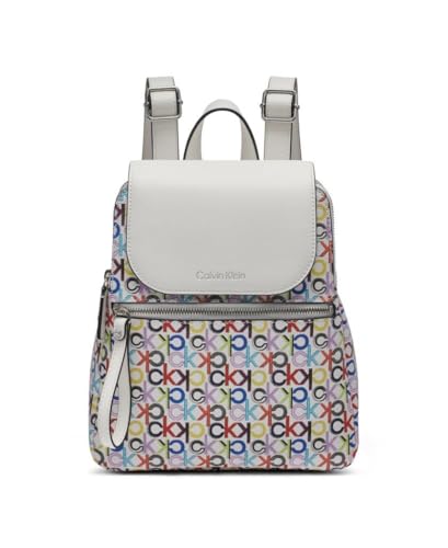 Calvin Klein Women's Elaine Signature Key Item Flap Backpack, White Multi Logo, One Size