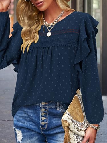 BETTE BOUTIK Womens Boho Fall Long Sleeve Shirts Crewneck Dressy Casual Blouses Trendy Flowy Tops