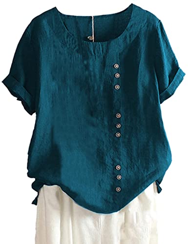 SCUSTY Oversized Crew Neck Linen Tops for Women Short Sleeve Cotton Blend Tee Shirts