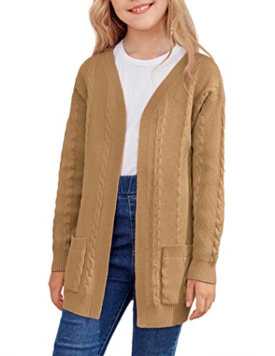 Hopeac Big Girls Fall Outerwear Open Front Chunky Knitted Popcorn Sweater Casual Long Sleeve Uniform Cardigan 10-12 Years Khaki #TOP2