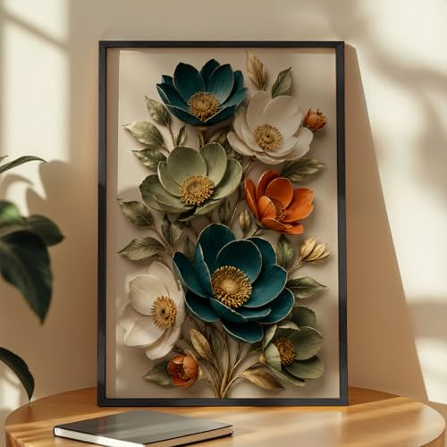 Image of NoWorries 3D Floral Wall Painting with Frame Set of 1 | Premium Textured Teal White Orange Flower Artwork, Luxury Botanical Nature Wall Decor for Living Room, Bedroom, Office and Home Decoration (3d Art-13,13x19inch)