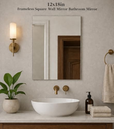 Image of Rectangle Frameless Mirror for Bathroom Wall - Decorative Wall Mount (12x18 inch) for Bedroom, Entryway & Living Room