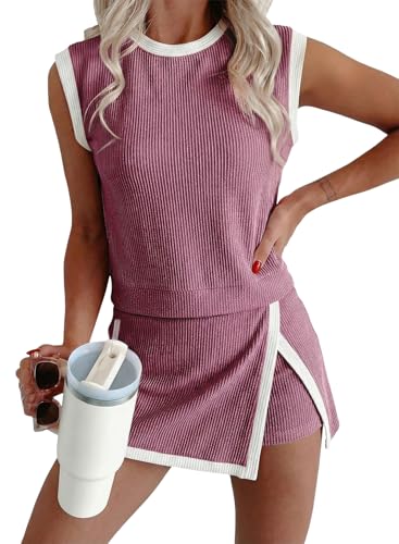 EVALESS 2 Piece Sets Women Matching Athletic Lounge Outfits Womens Summer Knit Tank Top and Elastic Waist Split Lined Skirt 2026 Spring Fashion Workout Casual Set Pink Large