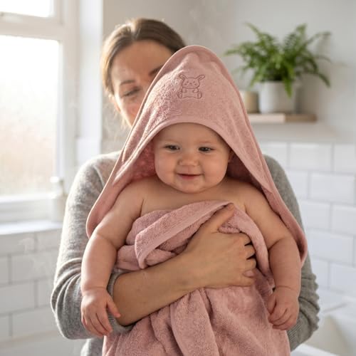 Image of Baby Hooded Towel for Girls (0 - 1.5Years) | Soft Cotton Terry Hooded Towels | Pink Baby Hooded Towel for Newborn & Infant | 70 x 70 cm