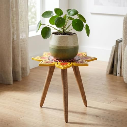 Image of Beautiful Antique Wooden Fold-able Side Table /End Table /Plant Stand /Stool Living Room Kids Play Furniture Table Round Sunflower Shape