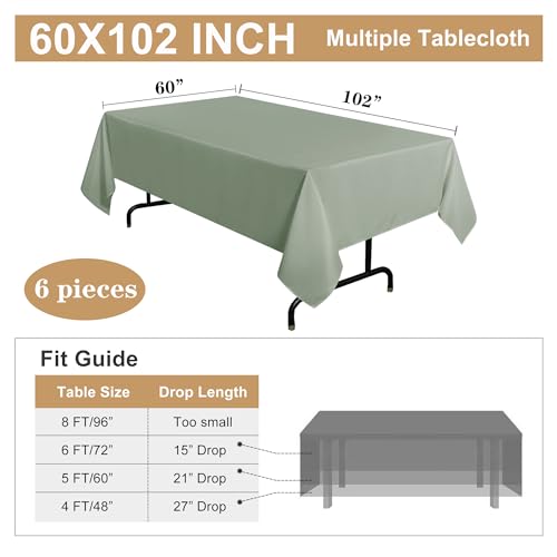 Image of sancua 6 Pack Sage Green Tablecloth 60 x 102 Inch, Rectangle Table Cloth for 6 Feet Tables - Stain and Wrinkle Resistant Washable Polyester Table Cover for Dining Tables, Buffet Parties and Camping