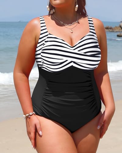 Image of Women Plus Size One Piece Swimsuits Tummy Control Twist Front Bathing Suit | Unremovable Bra, Sweetheart Neckline, Wide Adjustable Straps, Ruched Stomach, Side-Splicing Design, Full Coverage Bottom