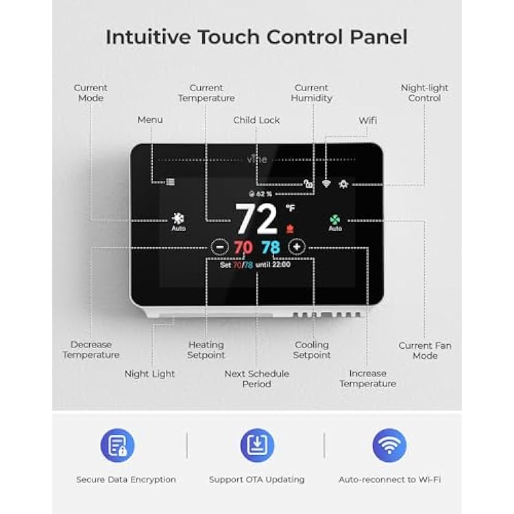 Vine Smart Thermostat for House with Nightlight, 4.3 Inches WiFi Thermostats for Home Compatible with Alexa and Google Assistant, 7day x 8period Programmable, C-Wire Required
