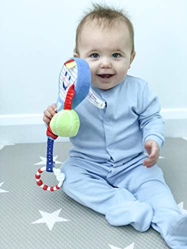 Baby Tennis Racket and Ball | Clip-on-Toy | Suitable from Birth | On the Go or at Home | Squeaks, Rattles, Crunches - Sporty Sensory Toy | A Baby Gift | the Little Sport Star Toy Collection