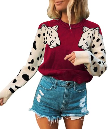 Angashion Women's Sweaters Casual Floral Printed Patchwork Long Sleeves Knitted Pullover Cropped Sweater Tops 367 Red L