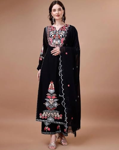 Image of Pandadi Saree Women's Georgette Embroidery Kurta Palazzo and Dupatta Set