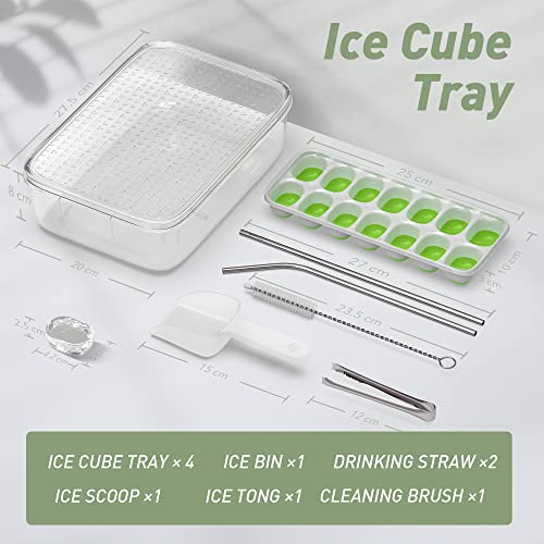 ChefAide Ice Cube Tray with Lid and Bin, 4 Pack Durable Stackable Ice Cube Trays for Freezer with Ice Container, Easy-Release Plastic & Silicone Ice Tray with Drinking Straws, Ice Scoop and Tong - Thumbnail 2