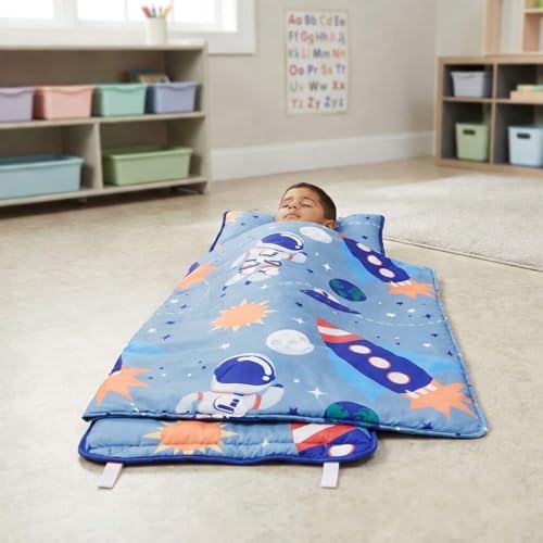 Image of EVERYDAY KIDS Nap Mat w /Removable Pillow -Outer Space Adventures- Carry Handle with Straps Closure, Rollup Design, Soft Microfiber for Preschool, Daycare, Travel Sleeping Bag - Ages 3-6 Years