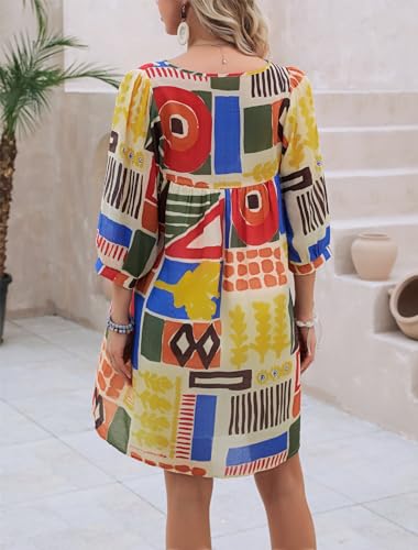 Image of Women's Summer Casual Dresses Boho Floral Drawstring V Neck Lantern Sleeve A-Line Beach Mini Babydoll Dress