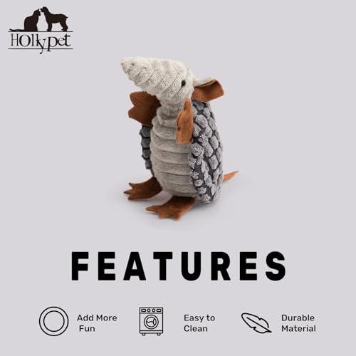 Image of Hollypet Plush Dog Squeaky Toy Stuffed Armadillo Animal Pet Puppy Chew Toys with Clean Teeth for Small Medium Large All Breed Sizes Dogs, Dark Gray, 6 in