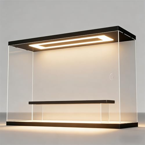Image of Clear Acrylic Display Case with LED Light, 2 Tier Dustproof Showcase for Collectibles, Figures & Model Cars, Stackable Display Box (Black, 12x4x8in)