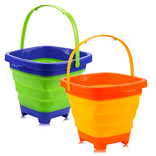 butterfunny 2 Pack 2L Square Foldable Buckets, Foldable Silicone Pail Buckets Sand Buckets, Silicone Collapsible Bucket for Kids Beach Play, Water and Food Jug, Dog Bowls(Yellow and Greeen)
