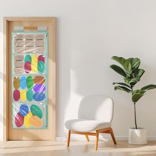 Image of Hanging Yarn Storage Organizer, Clear Knitting Organizer Storage with 4 Large Pockets and Double Zippers for Crochet Lovers, Yarn Holder with Over-Door Hooks for Knitting Needles Crochet Hooks