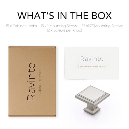 Image of Ravinte 15 Pack 1-3 /16 Inch Brushed Nickel Kitchen Square Cabinet Knobs Solid Drawer Pulls Satin Nickel Single Hole Kitchen Cabinet Hardware Knobs for Cabinets and Drawers
