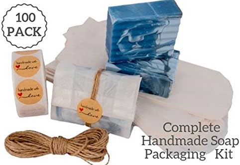 Soap Packaging Set 100 PCS | Cookie Bags | Wax Paper Bags | Water and Grease Resistant Paper Bags With 500 PCS Handmade Sticker Labels and 30 Foot Natural Jute Twine