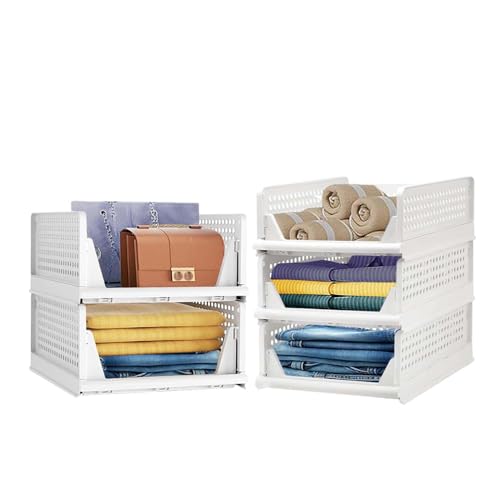 Image of Go Hooked Foldable Wardrobe Organizer with Drawer Style Pull Out Design | Pack of 5 (2Large+3Small) 44x34cm Shelf Storage Box | Heavy Duty Plastic Shirt Stacker for Cupboard, Almirah & Closet | White
