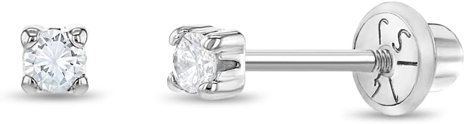 14k White Gold Girl's Clear Cubic Zirconia Prong Set Solitaire Screw Back Earring Studs - Small Elegant Round Screw Back Earring Set for Infants and Toddlers