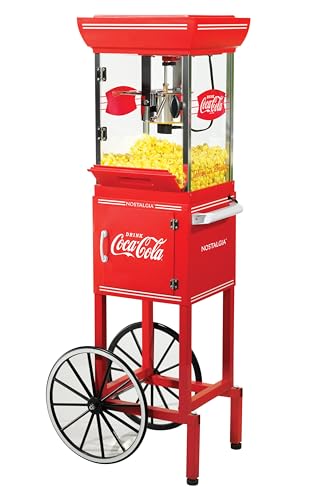 Image of Nostalgia Coca-Cola Popcorn Maker - 48-Inch Vintage Movie Theater Style Cart with 2.5 Oz Kettle, 10 Cup Capacity, Lighted Interior, Storage Compartment, and Wheels - Red