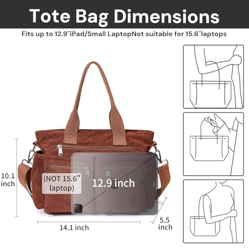 Image of YDF Corduroy Tote Bag for Women Crossbody Purse with Zipper, Aesthetic Multi Pocket Work School Bag, Gifts for Mom Teacher