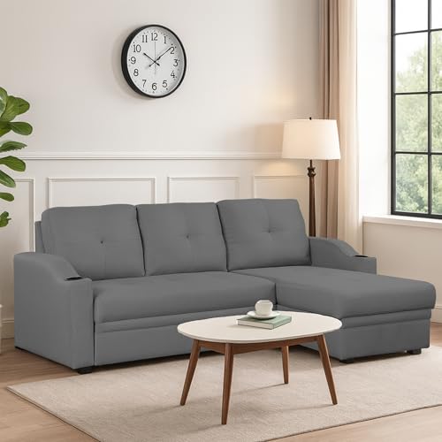 Image of Casaliving Ravonna RHS 4 Seater L Shape Corner Sofa Cum Bed for Living Room (Dark -Grey Fabric) Premium Fabric Sofa Set