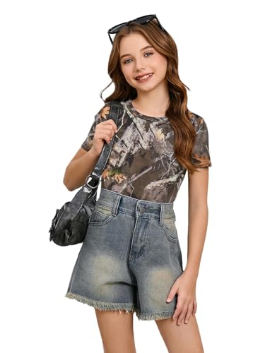 Image of WDIRARA Girl's Camo Print Short Sleeve T Shirt Crew Neck Tee Casual Top
