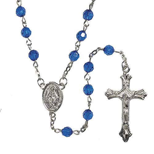 Catholic sapphire blue 6mm faceted beads rosary with wh…