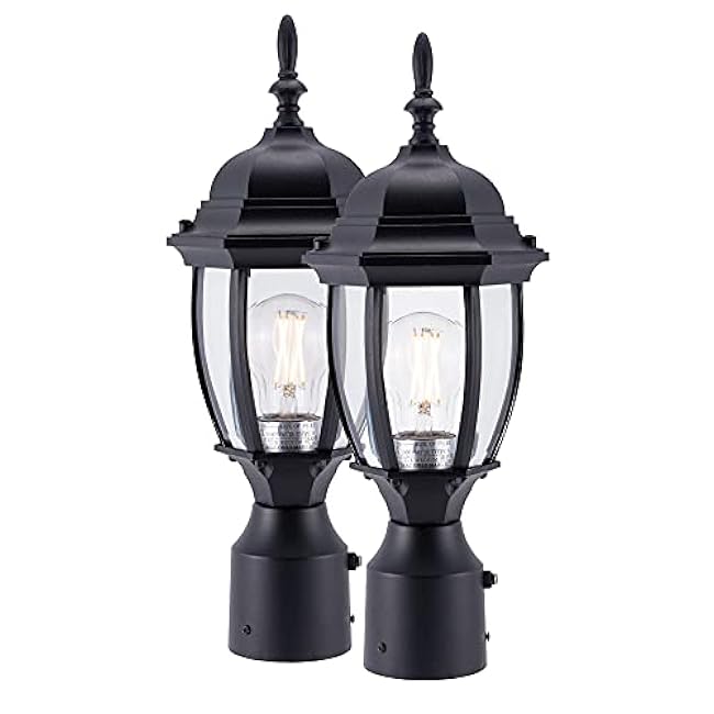LIT-PaTH Dusk to Dawn Outdoor Post Lighting Fixture Pole Lantern, E26 Medium Base Max 60W, Aluminum Housing Plus Glass, Bulb Not Included (Black, 2-Pack)
