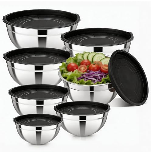 YJSLICT Stainless Steel Mixing Bowls with Lids Set (Size 0.7, 1.1, 1.5, 2.1, 3.5, 4, 4.5QT)