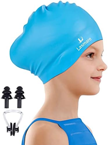 Kids Long Hair Swim Cap for Girls Boys, 3 Size Silicone Swimming Cap for Age 1-15 Toddler Children Teens, Waterproof Swim Hats Bathing Caps with Ear Plugs & Nose Clip to Keep Hair Dry(Age 3-8/Blue)