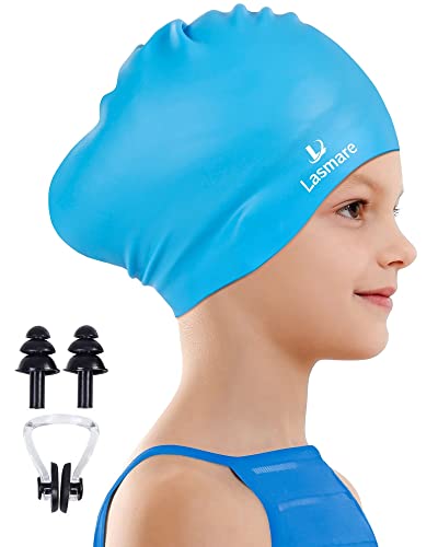 Kids Long Hair Swim Cap For Girls Boys, 3 Size Silicone Swimming Cap For Age 1-15 Toddler Children Teens, Waterproof Swim Hats Bathing Caps With Ear Plugs & Nose Clip To Keep Hair Dry(Age 3-8/Blue) #TOP9