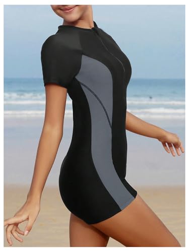 Milumia Girl's Colorblock Rash Guard Swimsuit Mock Neck Short Sleeve One Piece Bathing Suits4