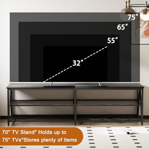 Image of 70 inch TV Stand for TVs up to 75 Inch with 3-Tier Storage Shelves | Black Modern 70 inch Long Industrial TV Console Table, Entertainment Center for Living Room, Bedroom