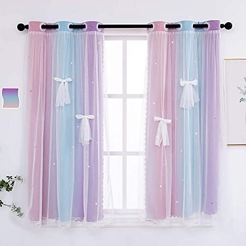 Yancorp Curtains for Girls Bedroom Kids Curtain Hollow-Out Star Window Nursery Curtain 63 inches Length Room Darkening Grommet 2 Layers (Pink Purple, W34 X L63)