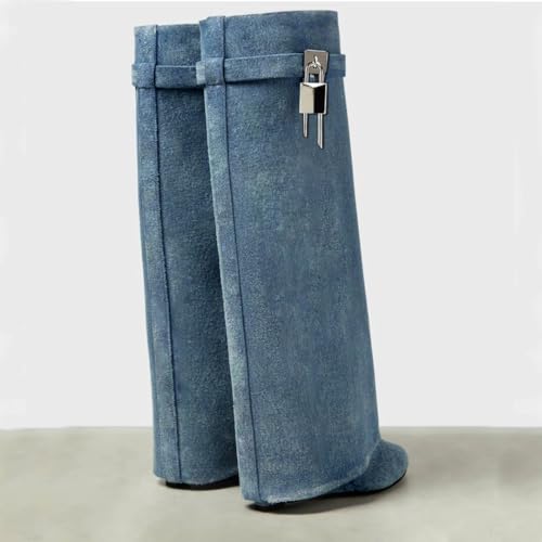 Image of keleimusi Fold Over Wedge Boots Heeled PadLock Pant Knee High Shoes Tall /Short Booties in Black